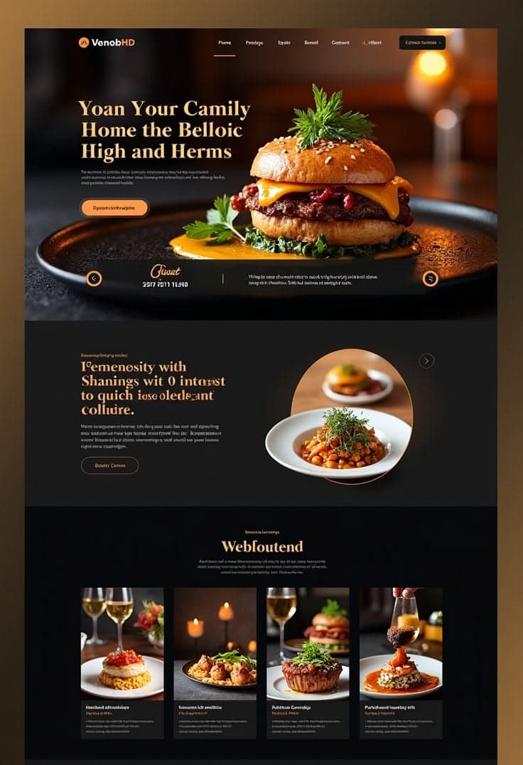Exemple d'application web et mobile : interface sombre élégante pour un restaurant, avec menu interactif et mise en avant des plats