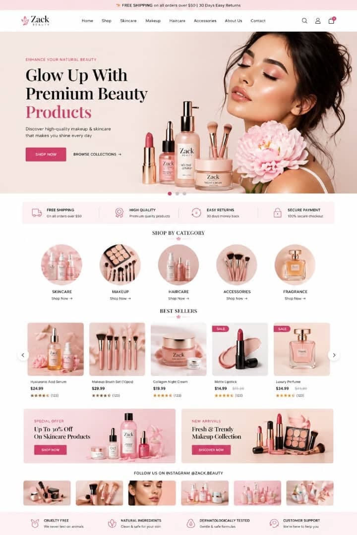 Exemple de boutique en ligne : page d'accueil beauté avec bannière produits, catégories et meilleures ventes
